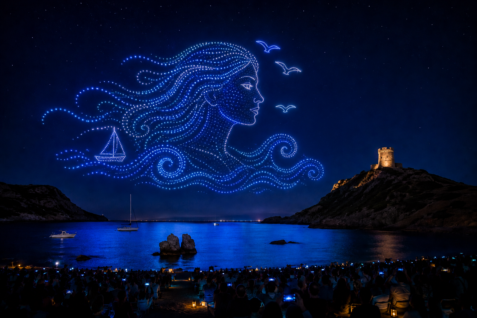 Sea-front drone show, Sardinia — Notte di Luce